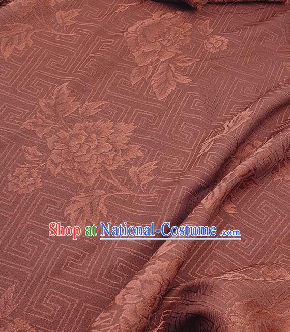 Chinese Traditional Peony Pattern Design Brownish Red Satin Fabric Traditional Asian Hanfu Dress Cloth Tapestry Silk Material