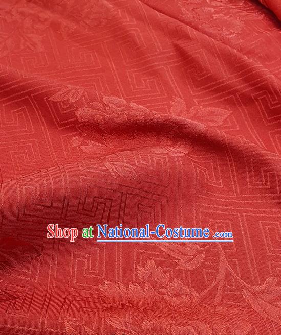 Chinese Traditional Peony Pattern Design Red Satin Fabric Traditional Asian Hanfu Dress Cloth Tapestry Silk Material