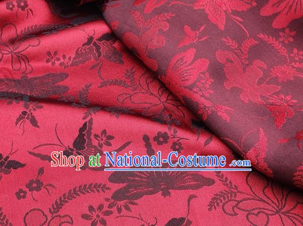 Chinese Hanfu Dress Traditional Black Butterfly Dragonfly Pattern Design Red Satin Fabric Silk Material Traditional Asian Cloth Tapestry