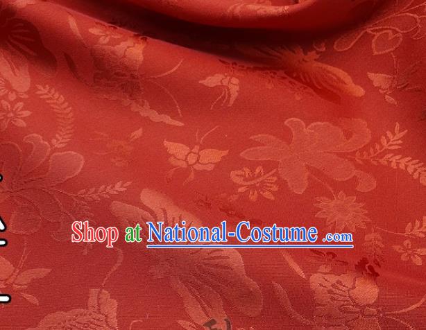 Chinese Hanfu Dress Traditional Butterfly Dragonfly Pattern Design Carmine Satin Fabric Silk Material Traditional Asian Cloth Tapestry