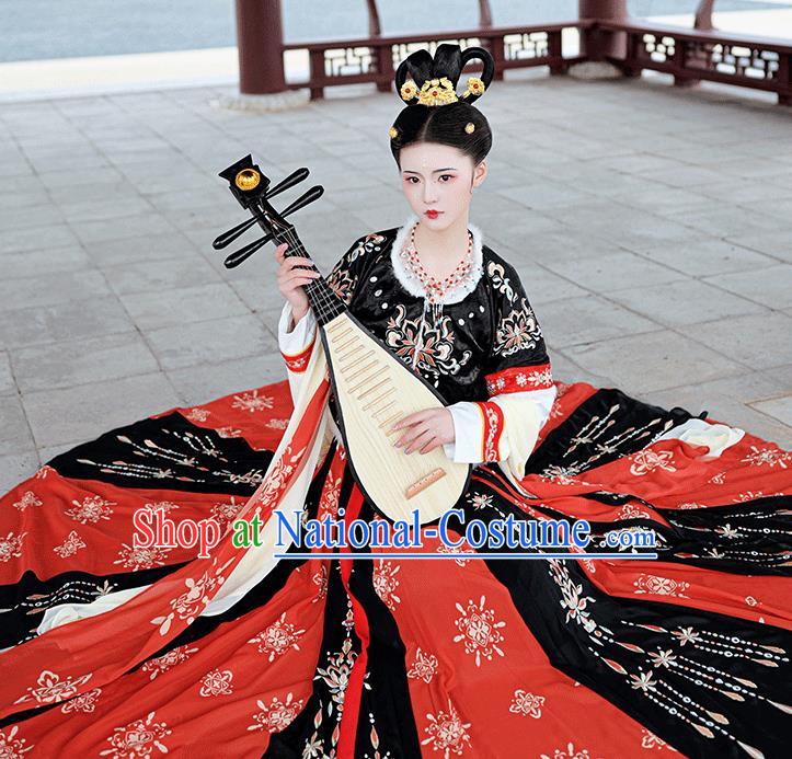 Chinese Ancient Tang Dynasty Royal Princess Embroidered Hanfu Black Half Sleeved Garment Blouse and Skirt Costumes Complete Set for Women