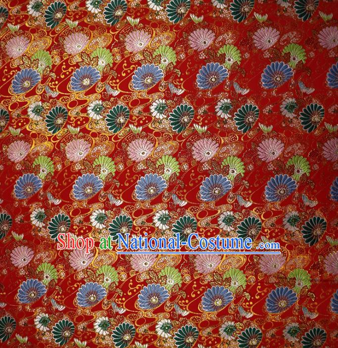 Japanese Traditional Daisy Pattern Red Brocade Cloth Kimono Belt Tapestry Satin Fabric Asian Top Quality Nishijin Material