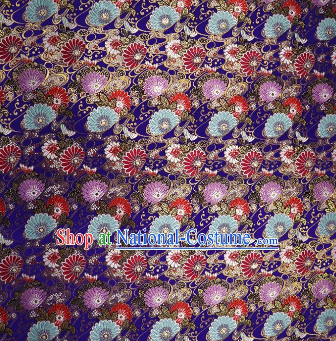 Japanese Traditional Daisy Pattern Royalblue Brocade Cloth Kimono Belt Tapestry Satin Fabric Asian Top Quality Nishijin Material