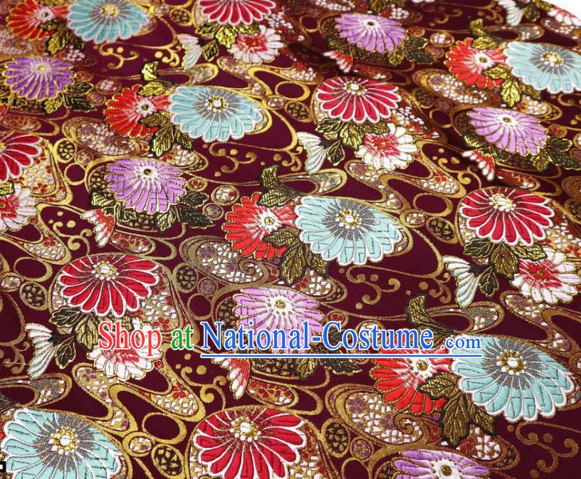 Japanese Traditional Daisy Pattern Amaranth Brocade Cloth Kimono Belt Tapestry Satin Fabric Asian Top Quality Nishijin Material