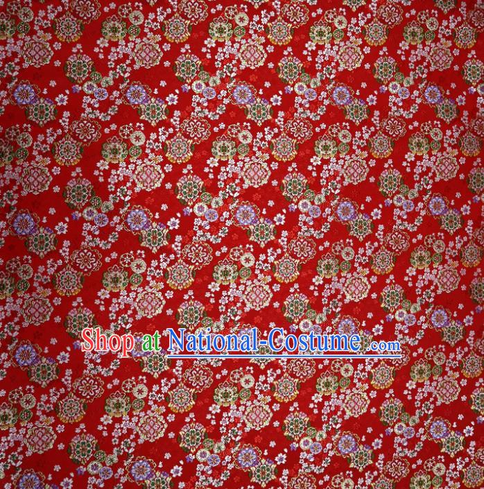 Japanese Traditional Cherry Blossom Pattern Red Brocade Asian Top Quality Nishijin Material Cloth Kimono Belt Tapestry Satin Fabric