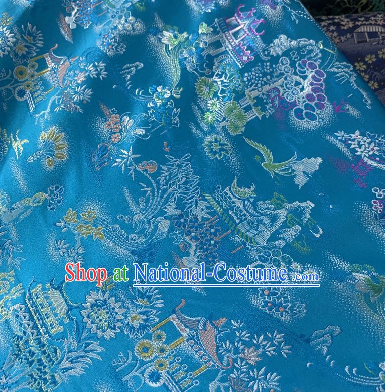 Chinese Cheongsam Classical Scenery Pattern Design Light Blue Song Brocade Fabric Asian Traditional Tapestry Satin Material DIY Court Cloth Damask