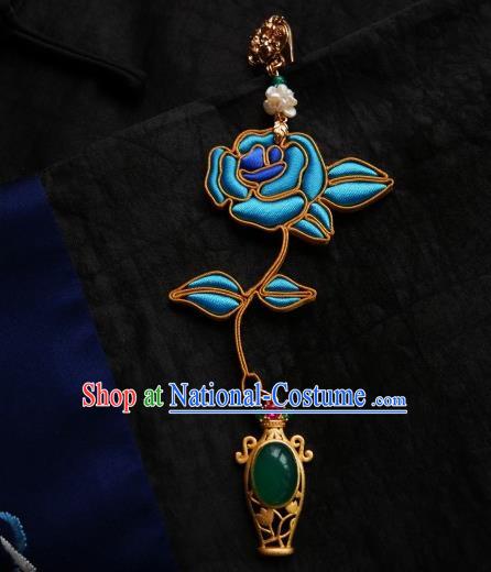 Chinese Classical Cheongsam Blue Rose Brooch Traditional Hanfu Accessories Handmade Jade Breastpin for Women