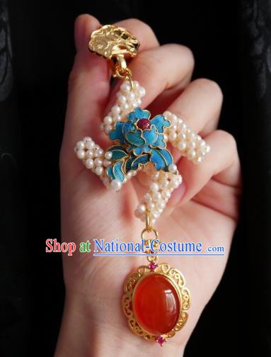 Chinese Classical Cheongsam Blue Peony Brooch Traditional Hanfu Accessories Handmade Pearls Breastpin Pendant for Women