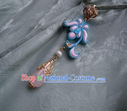 Chinese Classical Cheongsam Rose Quartz Brooch Traditional Hanfu Accessories Handmade Breastpin Silk Iris Tassel Pendant for Women