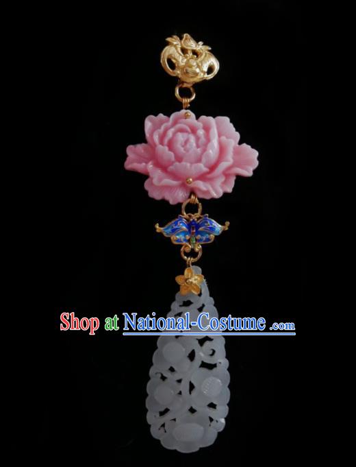 Chinese Classical Cheongsam Pink Peony Brooch Traditional Hanfu Accessories Handmade Breastpin Jade Pendant for Women