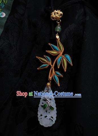 Chinese Classical Cheongsam Silk Bamboo Leaf Brooch Traditional Hanfu Accessories Handmade Jade Breastpin Pendant for Women