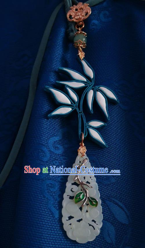 Chinese Classical Cheongsam White Silk Bamboo Leaf Brooch Traditional Hanfu Accessories Handmade Jade Breastpin Pendant for Women