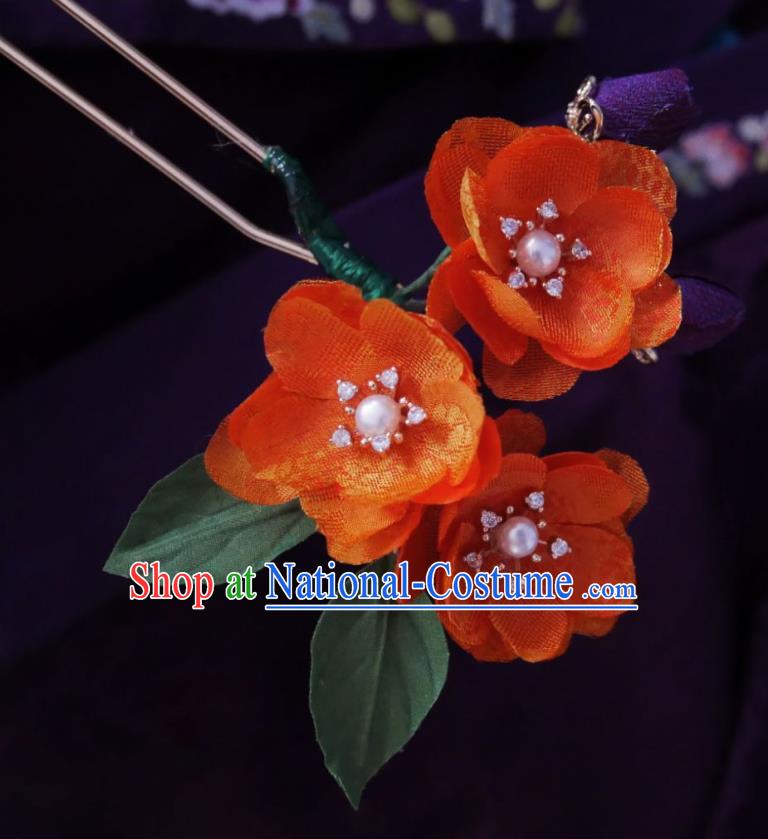 Handmade Chinese Orange Silk Begonia Hairpins Traditional Hanfu Hair Accessories Hair Clip for Women