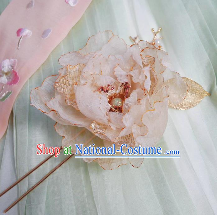 Handmade Chinese Beige Silk Peony Hairpins Traditional Hanfu Hair Accessories Ancient Tang Dynasty Court Hair Clip for Women