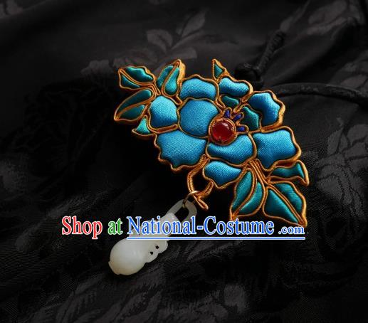 Chinese Classical Cheongsam Blue Silk Peony Brooch Traditional Hanfu Accessories Handmade Jade Vase Breastpin Pendant for Women