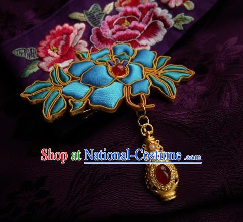 Chinese Classical Cheongsam Blue Silk Peony Brooch Traditional Hanfu Accessories Handmade Golden Vase Breastpin Pendant for Women