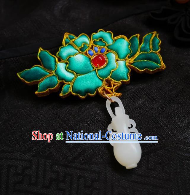 Chinese Classical Cheongsam Green Silk Peony Brooch Traditional Hanfu Accessories Handmade Jade Vase Breastpin Pendant for Women