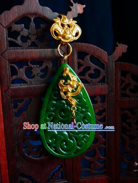 Chinese Classical Cheongsam Jade Brooch Traditional Hanfu Accessories Handmade Golden Bat Breastpin Pendant for Women