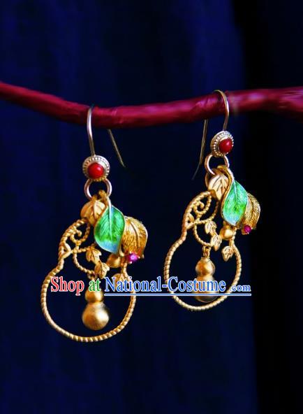 Chinese Handmade Golden Cucurbit Earrings Traditional Hanfu Ear Jewelry Accessories Ancient Princess Eardrop for Women