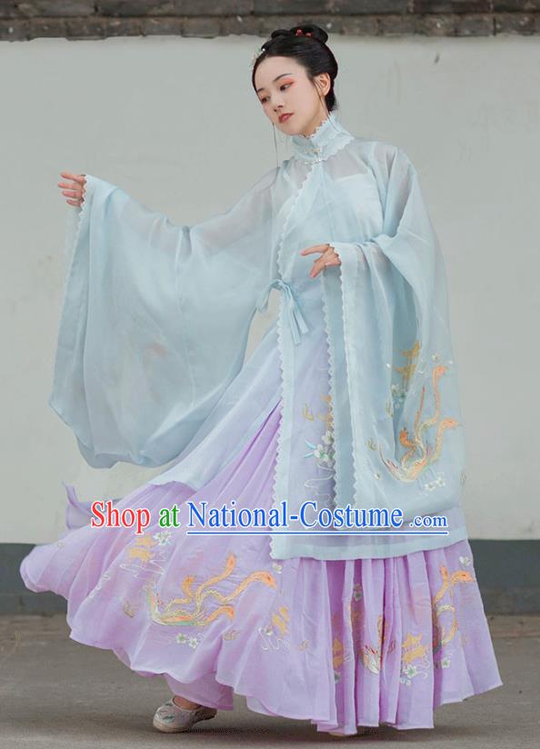 Chinese Ancient Ming Dynasty Young Lady Hanfu Garment Traditional Embroidered Costumes Blue Blouse and Pleated Skirt for Women