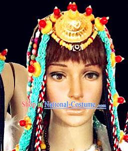 Chinese Traditional Tibetan Nationality Folk Dance Blue Sennit Hair Accessories Decoration Handmade Zang Ethnic Stage Show Golden Headdress for Women