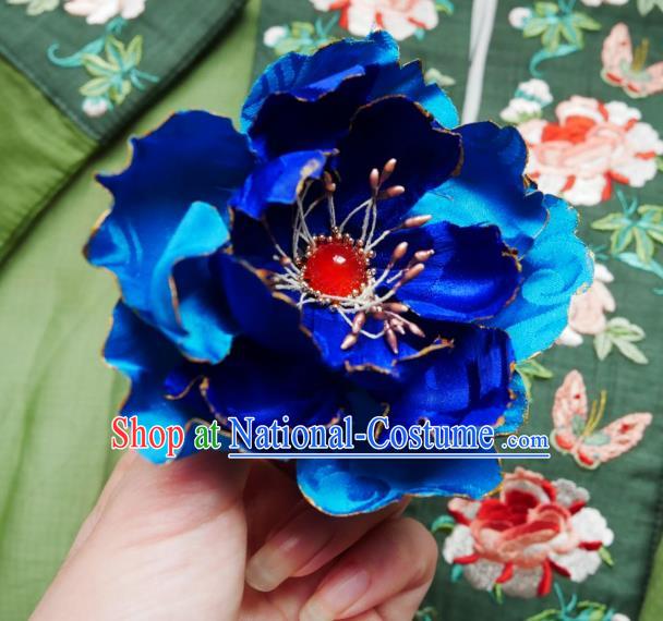 Handmade Chinese Royalblue Silk Peony Hairpins Traditional Hanfu Hair Accessories Ancient Song Dynasty Court Hair Clip for Women