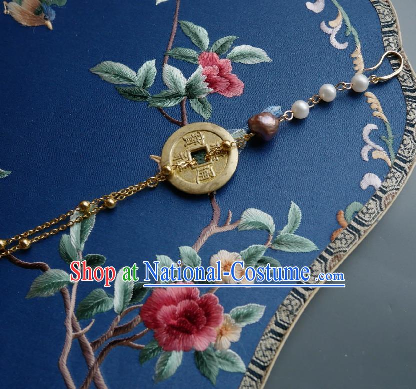 Chinese Classical Cheongsam Copper Cash Brooch Traditional Hanfu Accessories Handmade Pearls Tassel Breastpin Pendant for Women