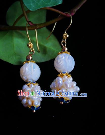 Chinese Handmade Qing Dynasty Shell Carving Earrings Traditional Hanfu Ear Jewelry Accessories Classical White Pearls Eardrop for Women