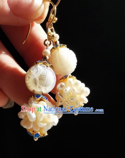 Chinese Handmade Qing Dynasty Shell Carving Earrings Traditional Hanfu Ear Jewelry Accessories Classical White Pearls Eardrop for Women