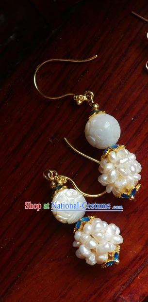 Chinese Handmade Qing Dynasty Shell Carving Earrings Traditional Hanfu Ear Jewelry Accessories Classical White Pearls Eardrop for Women