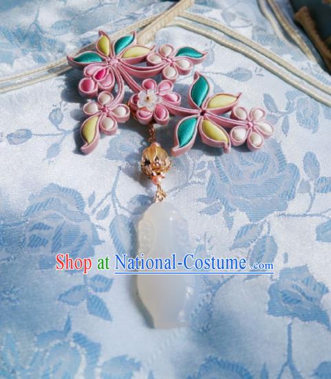 Chinese Classical Pink Silk Flowers Brooch Traditional Hanfu Cheongsam Accessories Handmade White Jade Vase Breastpin Pendant for Women