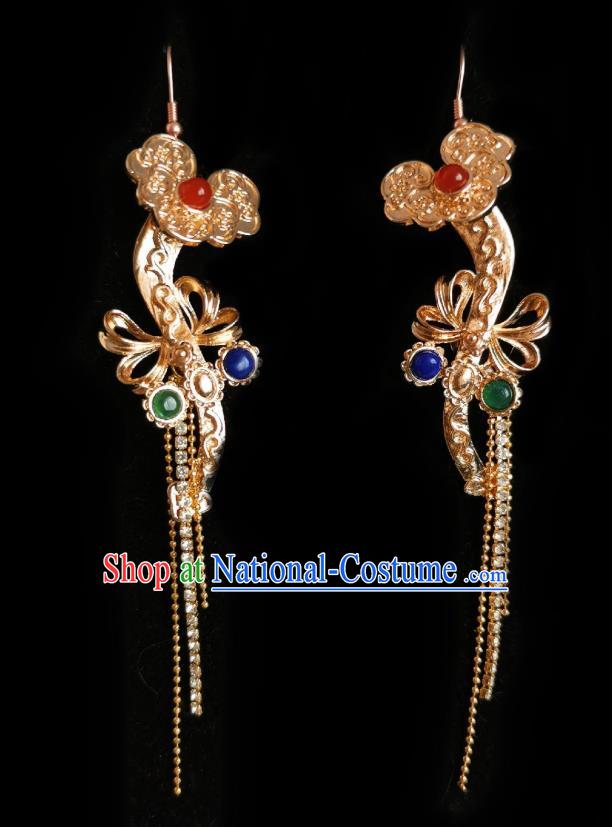 Chinese Handmade Qing Dynasty Court Golden Earrings Traditional Hanfu Ear Jewelry Accessories Classical Crystal Tassel Eardrop for Women