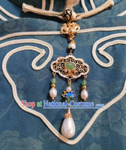 Chinese Classical Green Chalcedony Brooch Traditional Hanfu Cheongsam Accessories Handmade Blueing Lotus Breastpin Pendant for Women