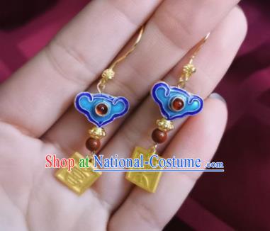 Chinese Handmade Qing Dynasty Agate Earrings Traditional Hanfu Ear Jewelry Accessories Classical Court Blueing Cloud Eardrop for Women