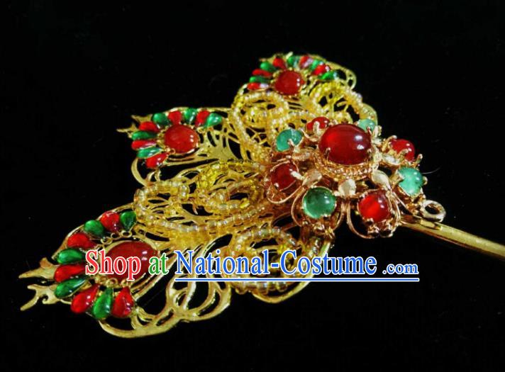 Handmade Chinese Golden Beads Hairpins Traditional Hanfu Hair Accessories Ancient Qing Dynasty Court Agate Hair Clip for Women