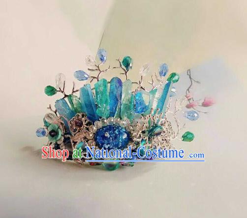 Handmade Chinese Blue Crystal Hair Crown Hairpins Traditional Hanfu Hair Accessories Ancient Court Hair Clip for Women