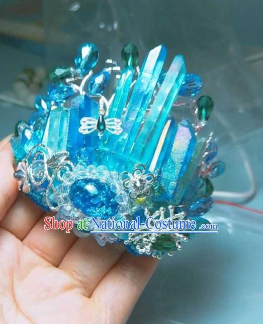 Handmade Chinese Blue Crystal Hair Crown Hairpins Traditional Hanfu Hair Accessories Ancient Court Hair Clip for Women