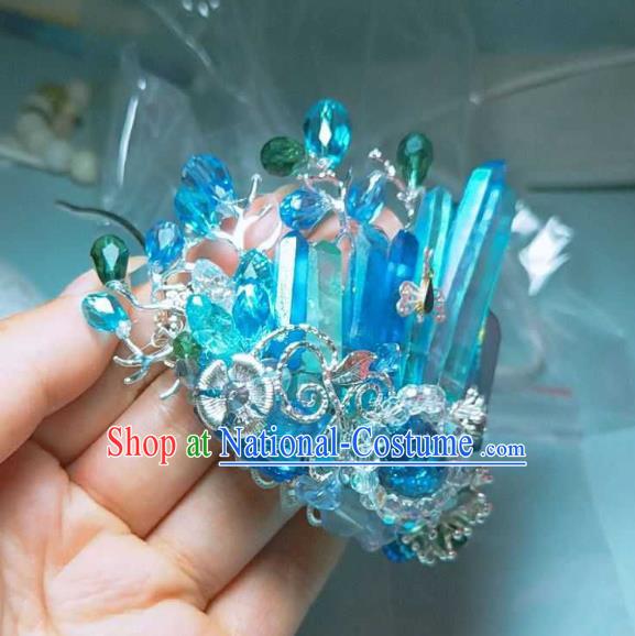 Handmade Chinese Blue Crystal Hair Crown Hairpins Traditional Hanfu Hair Accessories Ancient Court Hair Clip for Women