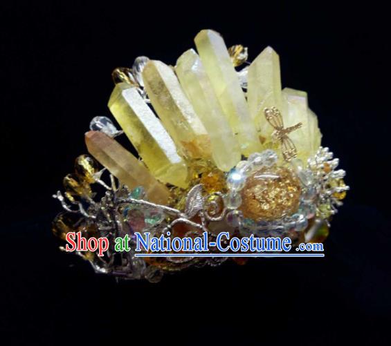 Handmade Chinese Yellow Crystal Hair Crown Hairpins Traditional Hanfu Hair Accessories Ancient Court Hair Clip for Women