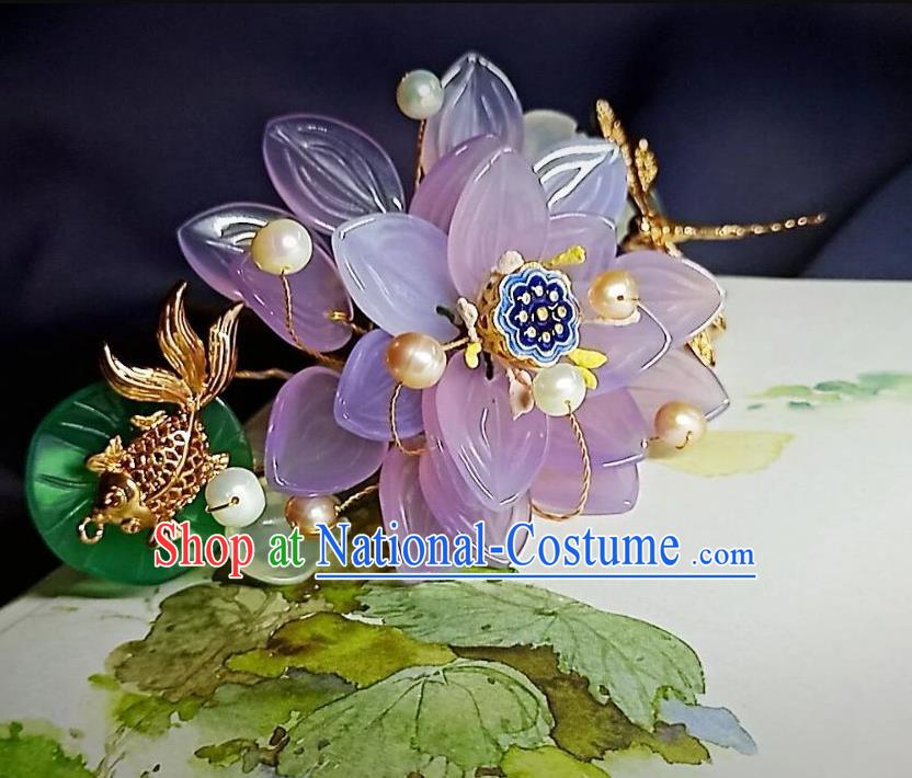 Handmade Chinese Purple Lotus Goldfish Hairpins Traditional Hanfu Hair Accessories Ancient Court Hair Clip for Women