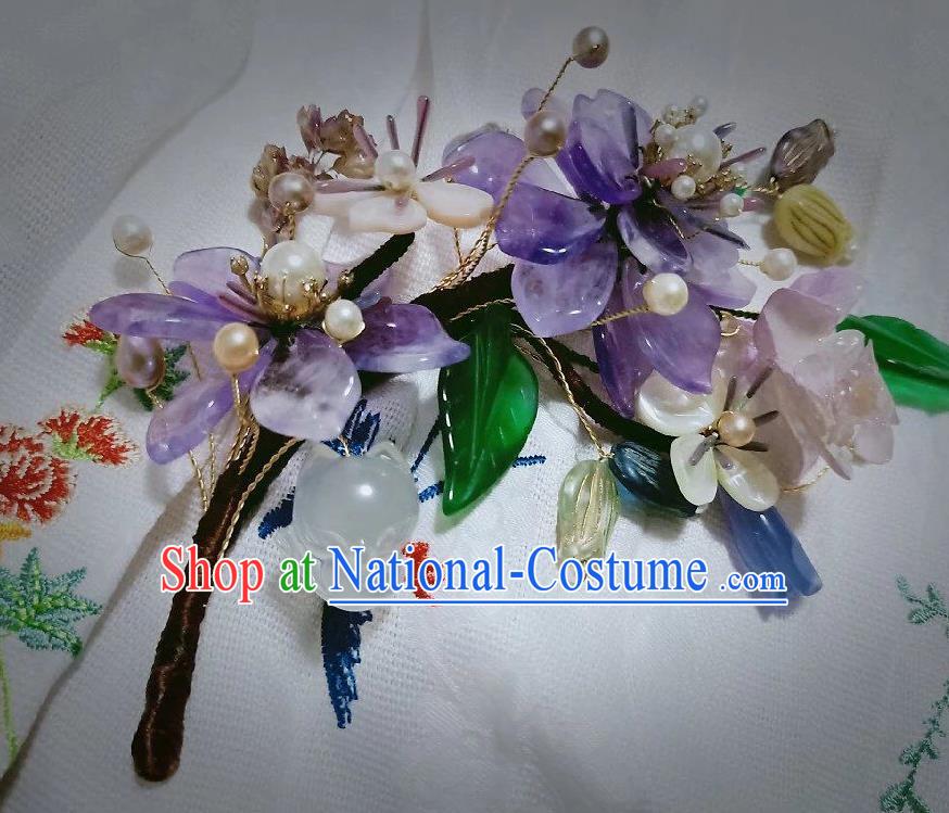 Handmade Chinese Amethyst Flowers Hair Stick Hairpins Traditional Hanfu Hair Accessories Ancient Court Hair Claw for Women