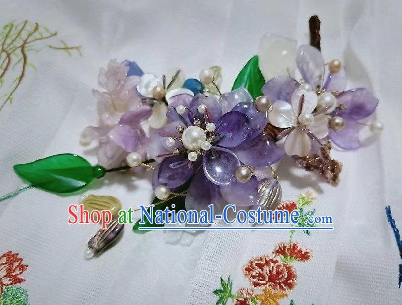 Handmade Chinese Amethyst Flowers Hair Stick Hairpins Traditional Hanfu Hair Accessories Ancient Court Hair Claw for Women