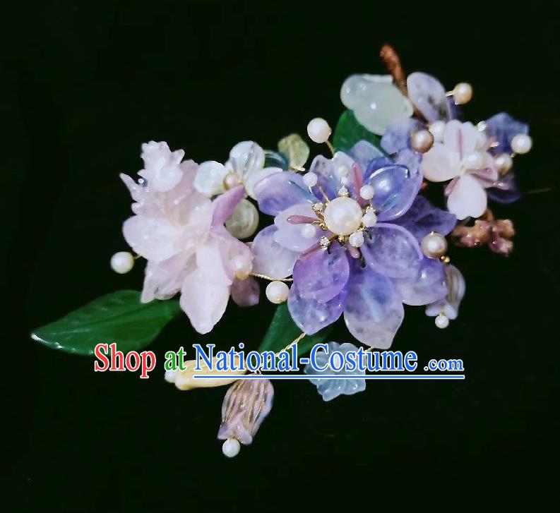 Handmade Chinese Amethyst Flowers Hair Stick Hairpins Traditional Hanfu Hair Accessories Ancient Court Hair Claw for Women