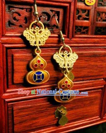 Chinese Handmade Qing Dynasty Golden Cucurbit Earrings Traditional Hanfu Ear Jewelry Accessories Classical Court Eardrop for Women