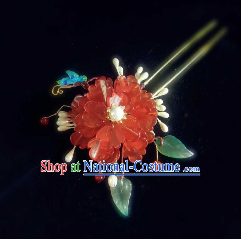 Handmade Chinese Red Peony Hairpins Traditional Hanfu Hair Accessories Ancient Court Hair Clip for Women