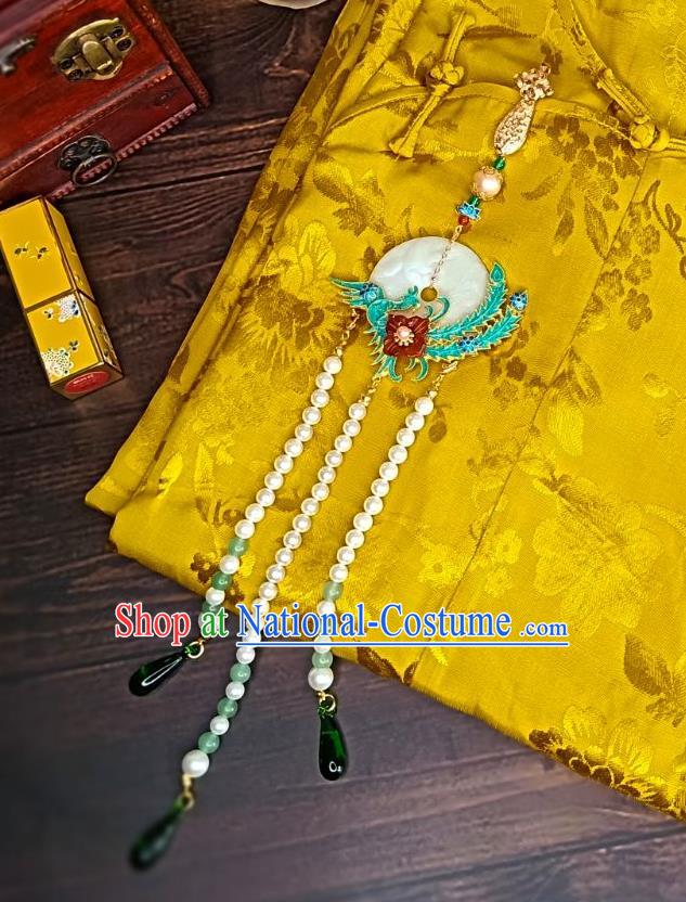 Chinese Classical Shell Brooch Traditional Hanfu Accessories Handmade Cheongsam Cloisonne Phoenix Breastpin Tassel Pendant for Women