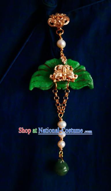 Chinese Classical Golden Butterfly Brooch Traditional Hanfu Cheongsam Accessories Handmade Jade Breastpin Pendant for Women