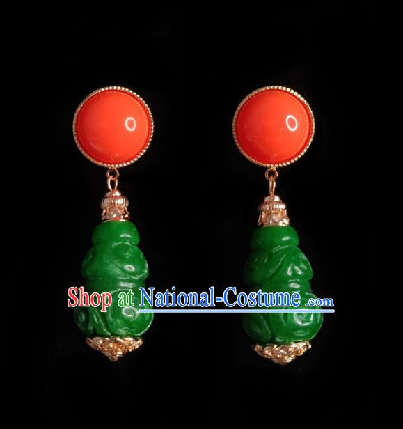 Chinese Handmade Qing Dynasty Green Carving Cucurbit Earrings Traditional Hanfu Ear Jewelry Accessories Classical Court Eardrop for Women