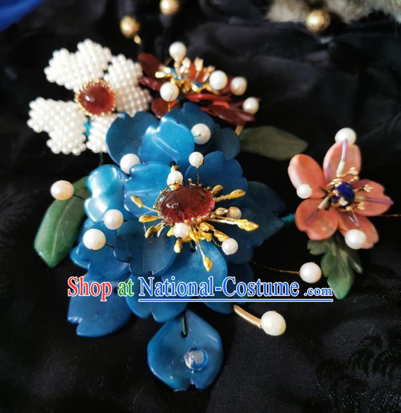 Handmade Chinese Agate Hairpins Traditional Hanfu Pearls Hair Accessories Ancient Qing Dynasty Court Flowers Hair Clip for Women