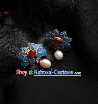 Chinese Handmade Qing Dynasty Blue Peony Earrings Traditional Hanfu Ear Jewelry Accessories Classical Pearl Eardrop for Women